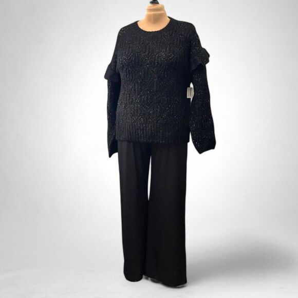 OLD NAVY Ruffle-Trim Pointelle-Knit Sweater Size XL in Black Jack Shimmer - Picture 2 of 7
